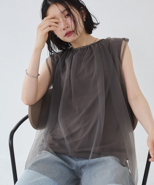hunch（ハンチ）の「【接触冷感】チュールレイヤードトップス（Tシャツ/カットソー・レディース・チャコールグレー/アイボリー/ブラック・FREE）」の3枚目の写真