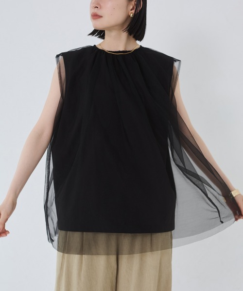 hunch（ハンチ）の「【接触冷感】チュールレイヤードトップス（Tシャツ/カットソー・レディース・チャコールグレー/アイボリー/ブラック・FREE）」の14枚目の写真