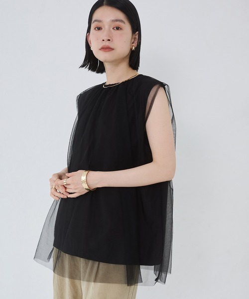 接触冷感チュールレイヤードトップス セール】【接触冷感】チュールレイヤードトップス（Tシャツ