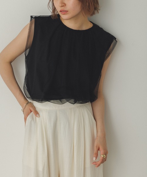 接触冷感チュールレイヤードトップス セール】【接触冷感】チュールレイヤードトップス（Tシャツ