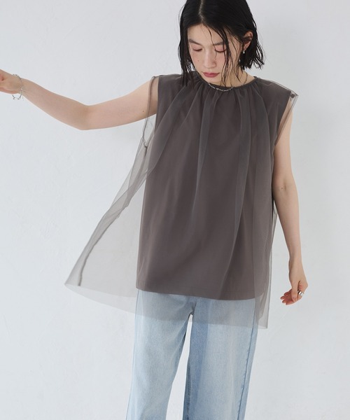セール】【接触冷感】チュールレイヤードトップス（Tシャツ