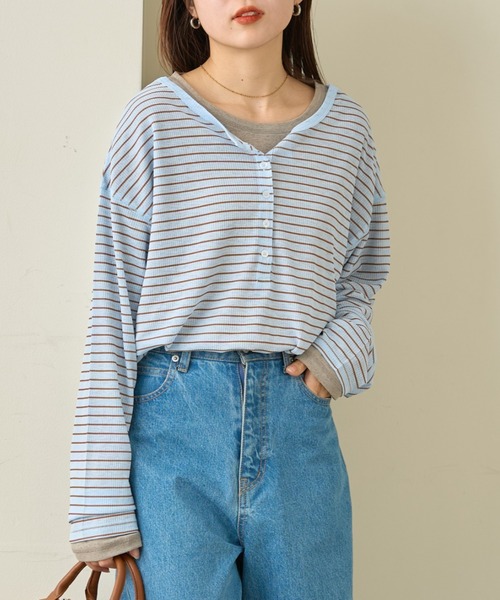 CIAOPANIC TYPY（チャオパニックティピー）の「【新色追加】2WAYシアーヘンリーネックTEE（Tシャツ/カットソー・レディース・グレー/オレンジ/サックスブルー/ホワイト/ブラック/アイボリー/ブルー/ブラウン/ピンク/バーガンディー/グレー系その他/ベビーピンク/ブルー系その他/ミント・ONE SIZE）」の10枚目の写真