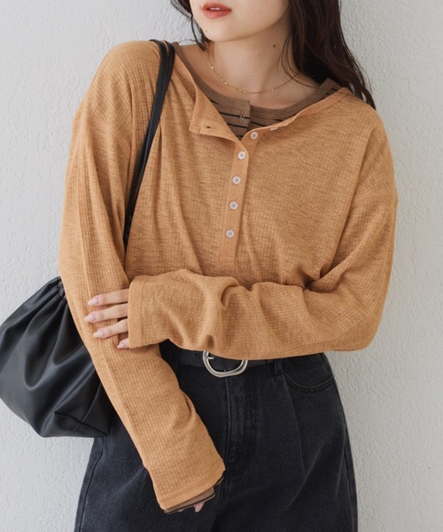 CIAOPANIC TYPY（チャオパニックティピー）の「【新色追加】2WAYシアーヘンリーネックTEE（Tシャツ/カットソー・レディース・グレー/オレンジ/サックスブルー/ホワイト/ブラック/アイボリー/ブルー/ブラウン/ピンク/バーガンディー/グレー系その他/ベビーピンク/ブルー系その他/ミント・ONE SIZE）」の14枚目の写真