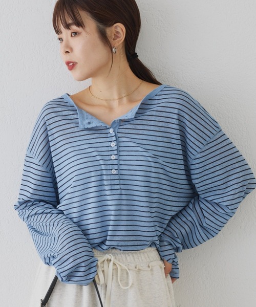 CIAOPANIC TYPY（チャオパニックティピー）の「【新色追加】2WAYシアーヘンリーネックTEE（Tシャツ/カットソー・レディース・グレー/オレンジ/サックスブルー/ホワイト/ブラック/アイボリー/ブルー/ブラウン/ピンク/バーガンディー/グレー系その他/ベビーピンク/ブルー系その他/ミント・ONE SIZE）」の9枚目の写真