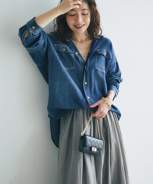 今期完売⭐︎シアーデニム金釦2wayシャツ La boutique BonBon｜【3シーズン着れる】シアーデニム金釦2WAY