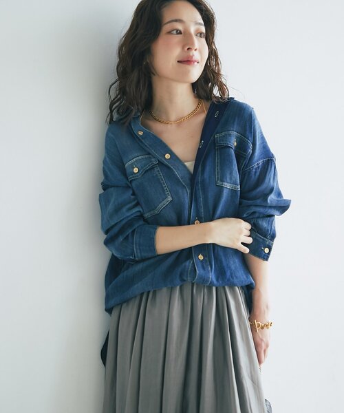 3シーズン着れる】シアーデニム金釦2WAYシャツ（シャツ/ブラウス
