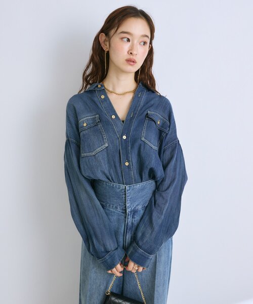 ち*星様 ラブティックボンボン／スカート&ノーリーズTシャツ 3シーズン着れる】シアーデニム金釦2WAYシャツ（シャツ/ブラウス