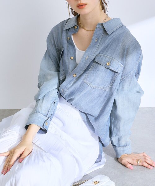 今期完売⭐︎シアーデニム金釦2wayシャツ La boutique BonBon｜【3シーズン着れる】シアーデニム金釦2WAY