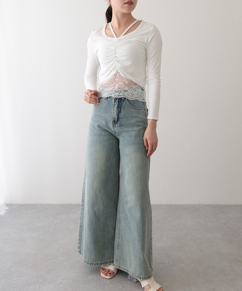 Lace Ladies(レースレディース)の「フロント ギャザー レース Vストラップ 長袖 カットソー(Tシャツ/カットソー・レディース・ホワイト/ブラック・FREE)」の4枚目の写真