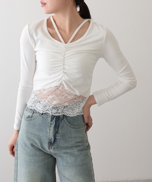 Lace Ladies(レースレディース)の「フロント ギャザー レース Vストラップ 長袖 カットソー(Tシャツ/カットソー・レディース・ホワイト/ブラック・FREE)」の5枚目の写真