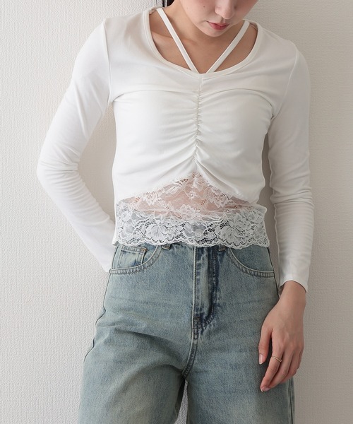 Lace Ladies(レースレディース)の「フロント ギャザー レース Vストラップ 長袖 カットソー(Tシャツ/カットソー・レディース・ホワイト/ブラック・FREE)」の6枚目の写真
