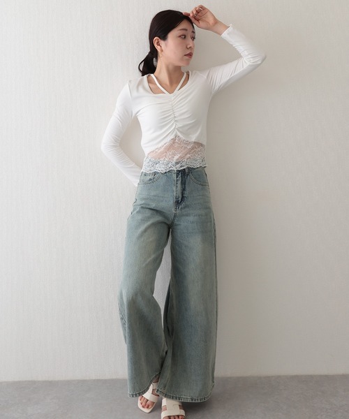 Lace Ladies(レースレディース)の「フロント ギャザー レース Vストラップ 長袖 カットソー(Tシャツ/カットソー・レディース・ホワイト/ブラック・FREE)」の7枚目の写真