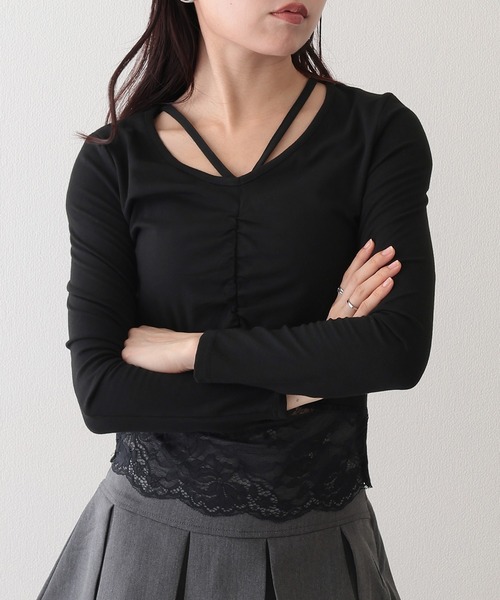 Lace Ladies(レースレディース)の「フロント ギャザー レース Vストラップ 長袖 カットソー(Tシャツ/カットソー・レディース・ホワイト/ブラック・FREE)」の11枚目の写真