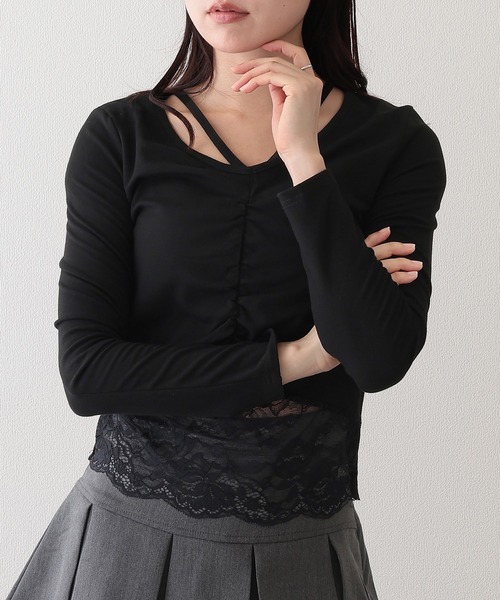 Lace Ladies(レースレディース)の「フロント ギャザー レース Vストラップ 長袖 カットソー(Tシャツ/カットソー・レディース・ホワイト/ブラック・FREE)」の12枚目の写真