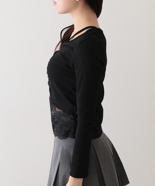 Lace Ladies(レースレディース)の「フロント ギャザー レース Vストラップ 長袖 カットソー(Tシャツ/カットソー・レディース・ホワイト/ブラック・FREE)」の13枚目の写真