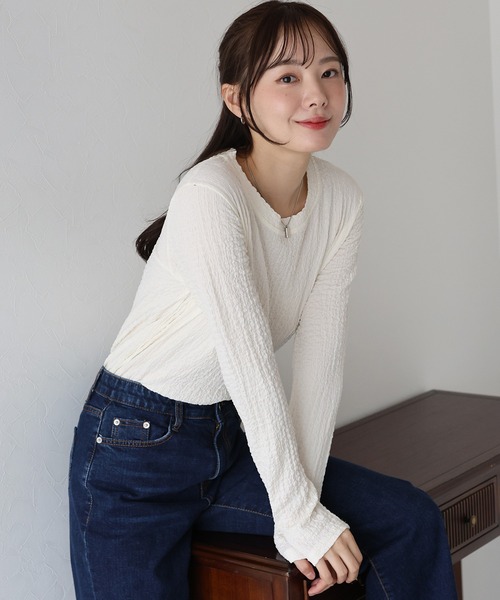 BLUEEAST（ブルーイースト）の「ぽこぽこジャガードロンT（Tシャツ/カットソー・レディース・ピンク/ボルドー/アイボリー/ブラック・MEDIUM）」の5枚目の写真