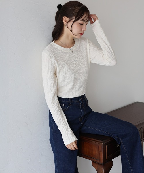 BLUEEAST（ブルーイースト）の「ぽこぽこジャガードロンT（Tシャツ/カットソー・レディース・ピンク/ボルドー/アイボリー/ブラック・MEDIUM）」の9枚目の写真