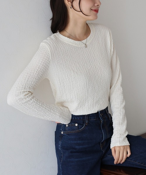BLUEEAST（ブルーイースト）の「ぽこぽこジャガードロンT（Tシャツ/カットソー・レディース・ピンク/ボルドー/アイボリー/ブラック・MEDIUM）」の7枚目の写真