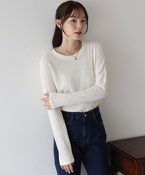 BLUEEAST（ブルーイースト）の「ぽこぽこジャガードロンT（Tシャツ/カットソー・レディース・ピンク/ボルドー/アイボリー/ブラック・MEDIUM）」の8枚目の写真