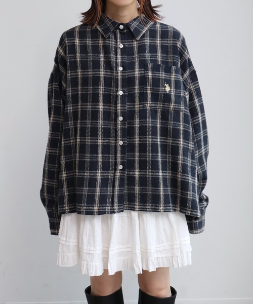 U.S. POLO ASSN.（ユーエスポロアッスン）の「【U.S. POLO ASSN./ユーエスポロアッスン】ロゴ刺繍 ワイドシルエット 長袖 ネルチェック シャツ（シャツ/ブラウス・レディース・ブラウン/ネイビー・L/LL/M）」の6枚目の写真