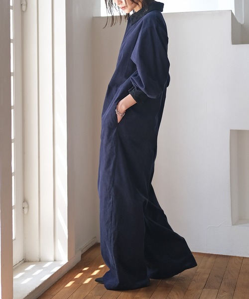 AKTE（アクテ）の「ポイントレースコーデュロイジャンプスーツ（つなぎ/オールインワン・レディース・ライトベージュ/ネイビー・FREE/TALL）」の16枚目の写真