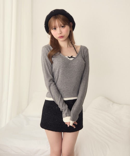 TITTY&CO.（ティティーアンドコー）の「レイヤード風リブロンT（Tシャツ/カットソー・レディース・ブラック/アイボリー/グレー・FREE）」の17枚目の写真