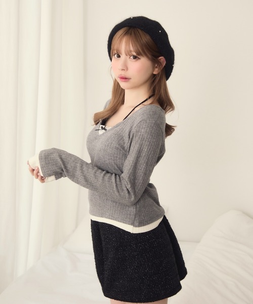 TITTY&CO.（ティティーアンドコー）の「レイヤード風リブロンT（Tシャツ/カットソー・レディース・ブラック/アイボリー/グレー・FREE）」の13枚目の写真