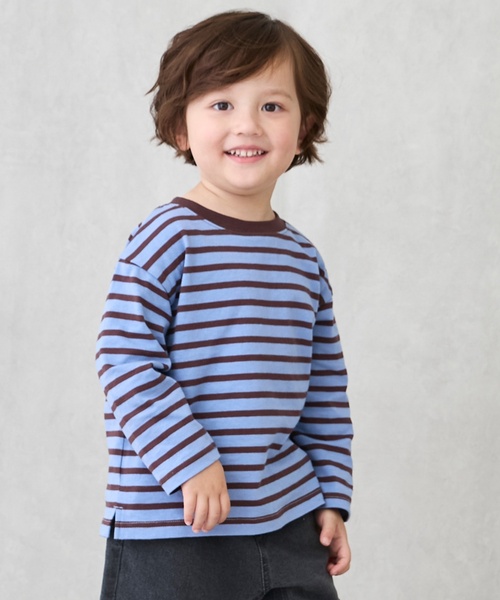 petit main(プティマイン)の「【GOODPRICE/食品防汚】ボーダー長袖T(Tシャツ/カットソー・キッズ・ライトブルー/グリーン/ネイビー/イエロー/ピンク/モカ・120cm/100cm/90cm/110cm/130cm/80cm)」の4枚目の写真