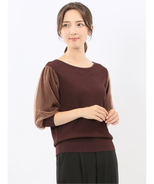 m.f.editorial(エムエフエディトリアル)の「【ストレッチ ハンドウォッシャブル】m.f.エディトリアル レディース 袖チュール ニットプルオーバー(ニット/セーター・レディース・ブラウン/ブルー/ブラック/ライラック・MEDIUM/LARGE)」の1枚目の写真