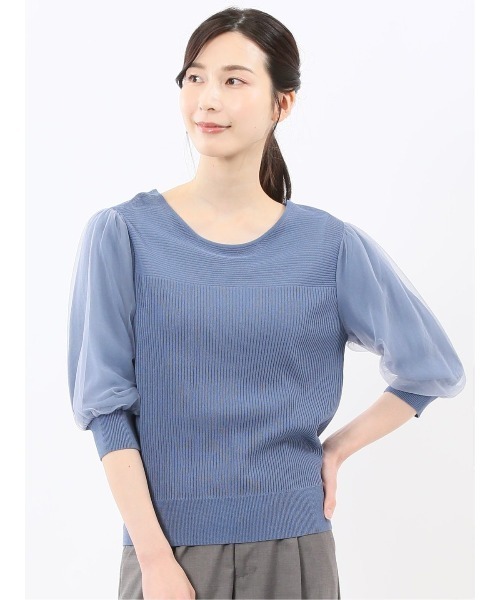 m.f.editorial(エムエフエディトリアル)の「【ストレッチ ハンドウォッシャブル】m.f.エディトリアル レディース 袖チュール ニットプルオーバー(ニット/セーター・レディース・ブラウン/ブルー/ブラック/ライラック・MEDIUM/LARGE)」の3枚目の写真