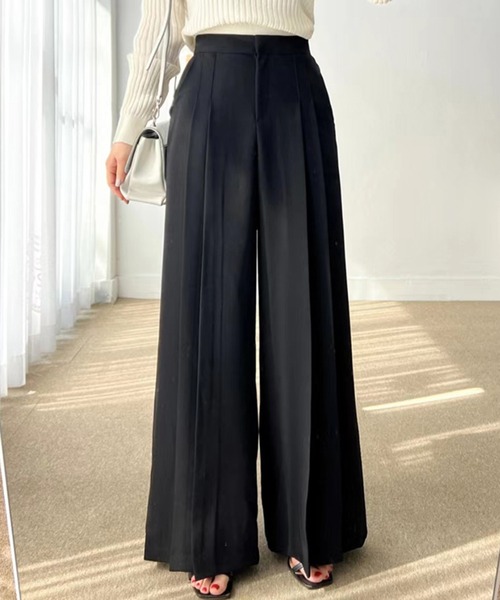 Doula Doula（ドゥーラドゥーラ）の「ワイドタックフレアパンツ（その他パンツ・レディース・ブラック/ベージュ/ブルー・S/M/L）」の12枚目の写真