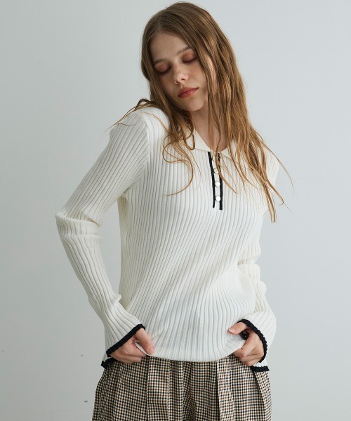 Mirette(ミレット)の「コントラストリブニットポロ / Contrast Rib Knit Polo(ポロシャツ・レディース・ブラック/ホワイト・FREE)」の4枚目の写真