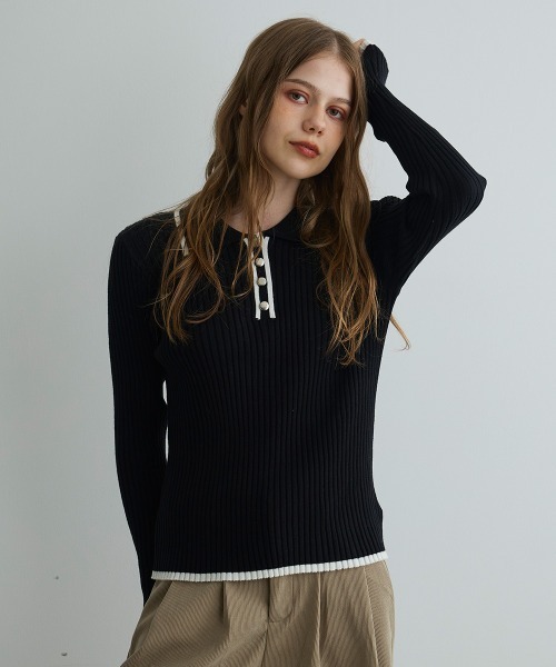 Mirette(ミレット)の「コントラストリブニットポロ / Contrast Rib Knit Polo(ポロシャツ・レディース・ブラック/ホワイト・FREE)」の14枚目の写真