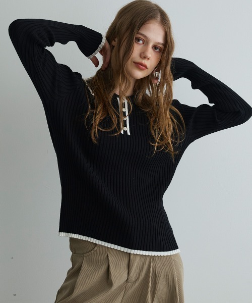 Mirette(ミレット)の「コントラストリブニットポロ / Contrast Rib Knit Polo(ポロシャツ・レディース・ブラック/ホワイト・FREE)」の15枚目の写真