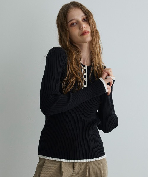 Mirette(ミレット)の「コントラストリブニットポロ / Contrast Rib Knit Polo(ポロシャツ・レディース・ブラック/ホワイト・FREE)」の16枚目の写真