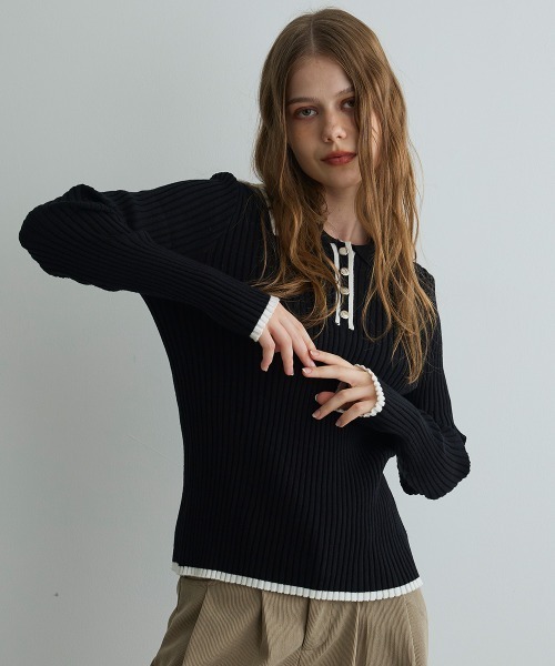 Mirette(ミレット)の「コントラストリブニットポロ / Contrast Rib Knit Polo(ポロシャツ・レディース・ブラック/ホワイト・FREE)」の17枚目の写真
