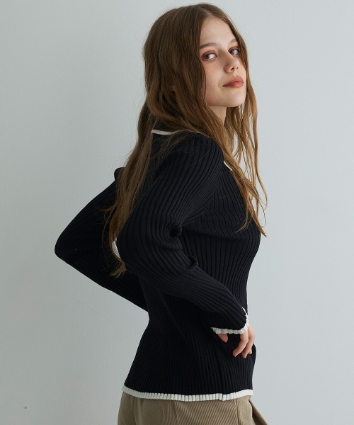Mirette(ミレット)の「コントラストリブニットポロ / Contrast Rib Knit Polo(ポロシャツ・レディース・ブラック/ホワイト・FREE)」の18枚目の写真
