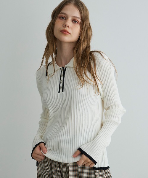 Mirette(ミレット)の「コントラストリブニットポロ / Contrast Rib Knit Polo(ポロシャツ・レディース・ブラック/ホワイト・FREE)」の3枚目の写真