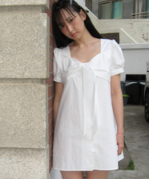 RIBBON BOW HALF SLEEVE DRESS WHITE