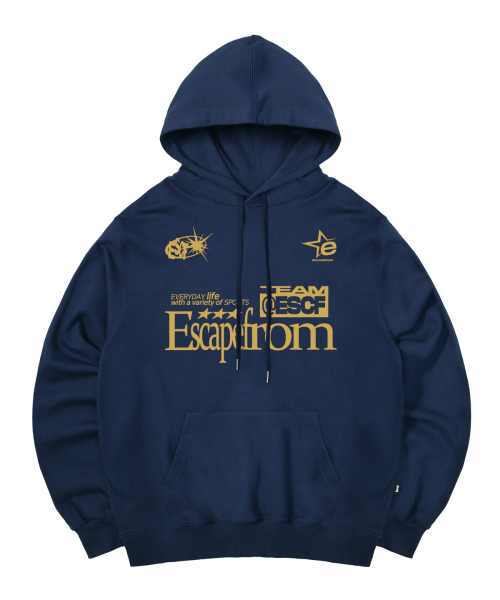 ESCAPEFROM(エスケープフロム)の「ESCF スポーツプリントフードパーカー ディープブルー(パーカー・レディース・その他・MEDIUM/LARGE/X-LARGE)」の1枚目の写真