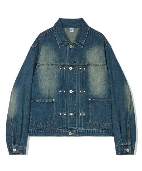 リベットインストールデニムトラッカージャケットフェイドディムブルー
