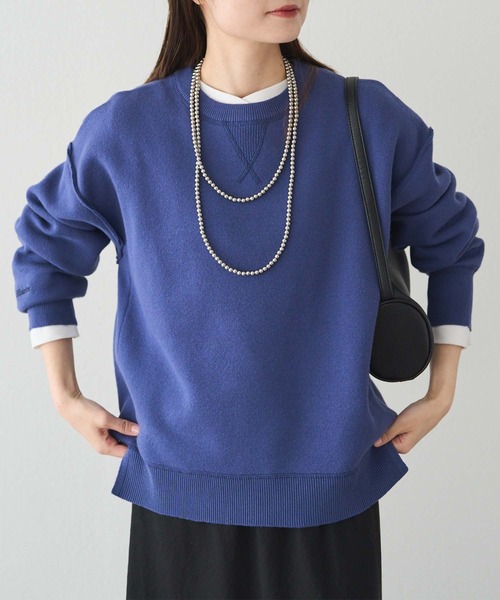 PUAL CE CIN（ピュアルセシン）の「スウェットライクダブルジャガードニット（ニット/セーター・レディース・チャコールグレー/オートミール/ブルー系・FREE）」の3枚目の写真