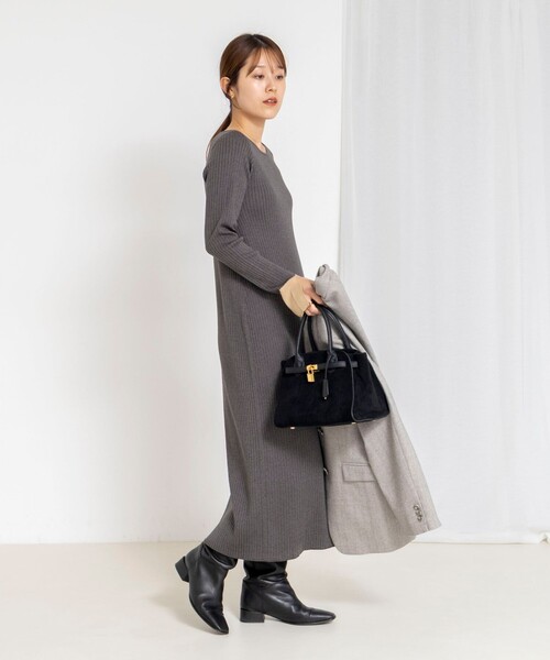 NOLLEY’S Sophi（ノーリーズソフィ）の「《手洗い可能》ウール混ワイドリブ袖口配色ロングワンピース（ワンピース・レディース・ダークネイビー/サックスブルー/グレー・38）」の6枚目の写真