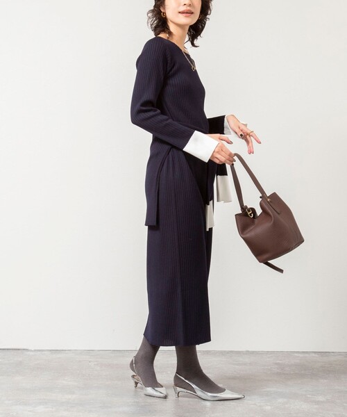 NOLLEY’S Sophi（ノーリーズソフィ）の「《手洗い可能》ウール混ワイドリブ袖口配色ロングワンピース（ワンピース・レディース・ダークネイビー/サックスブルー/グレー・38）」の10枚目の写真