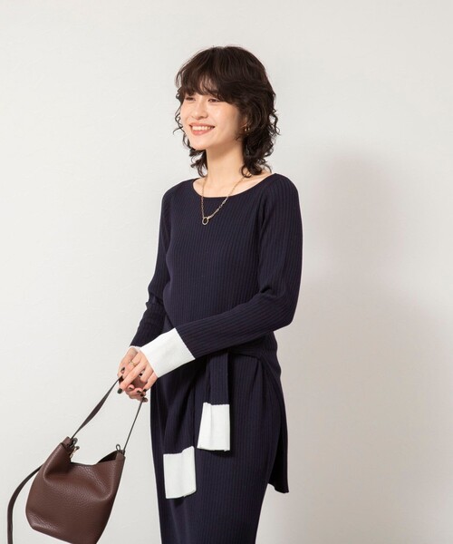 NOLLEY’S Sophi（ノーリーズソフィ）の「《手洗い可能》ウール混ワイドリブ袖口配色ロングワンピース（ワンピース・レディース・ダークネイビー/サックスブルー/グレー・38）」の12枚目の写真