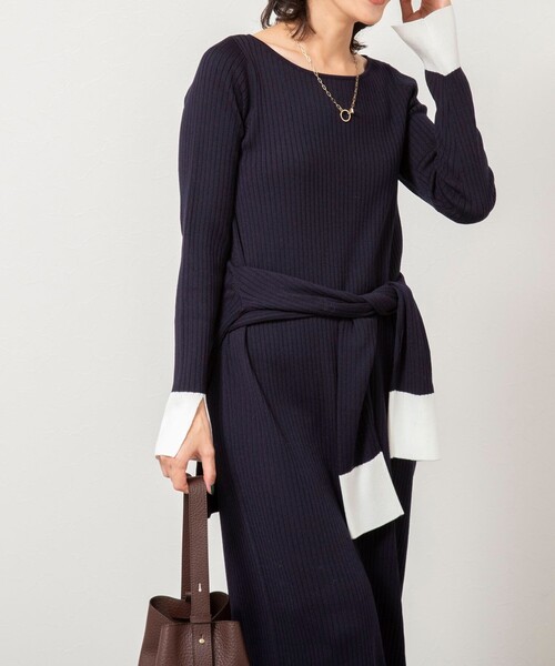 NOLLEY’S Sophi（ノーリーズソフィ）の「《手洗い可能》ウール混ワイドリブ袖口配色ロングワンピース（ワンピース・レディース・ダークネイビー/サックスブルー/グレー・38）」の14枚目の写真