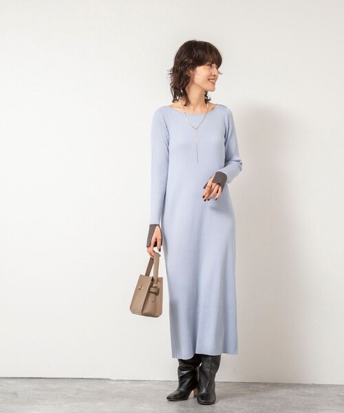 NOLLEY’S Sophi（ノーリーズソフィ）の「《手洗い可能》ウール混ワイドリブ袖口配色ロングワンピース（ワンピース・レディース・ダークネイビー/サックスブルー/グレー・38）」の17枚目の写真