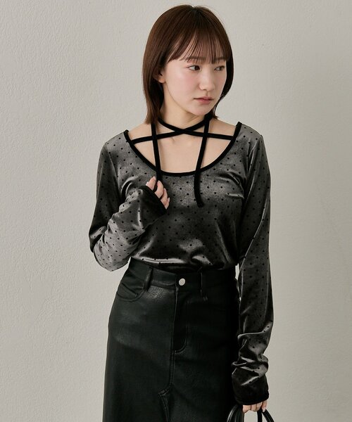 mline（エムライン）の「[mline]チョーカーベロアトップス（Tシャツ/カットソー・レディース・アイボリー/チャコールグレー/ピンク・FREE）」の14枚目の写真