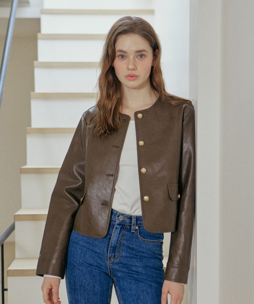 YUPPE(ヨッペ)の「ROUND LEATHER JACKET_BROWN(ライダースジャケット・レディース・その他・FREE)」の1枚目の写真