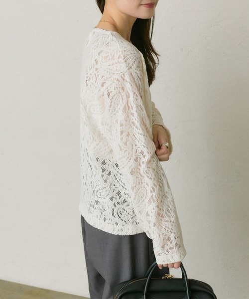 PUAL CE CIN（ピュアルセシン）の「モールペイズリーストレッチレースプルオーバー（Tシャツ/カットソー・レディース・アイボリー/ブラック・FREE）」の4枚目の写真